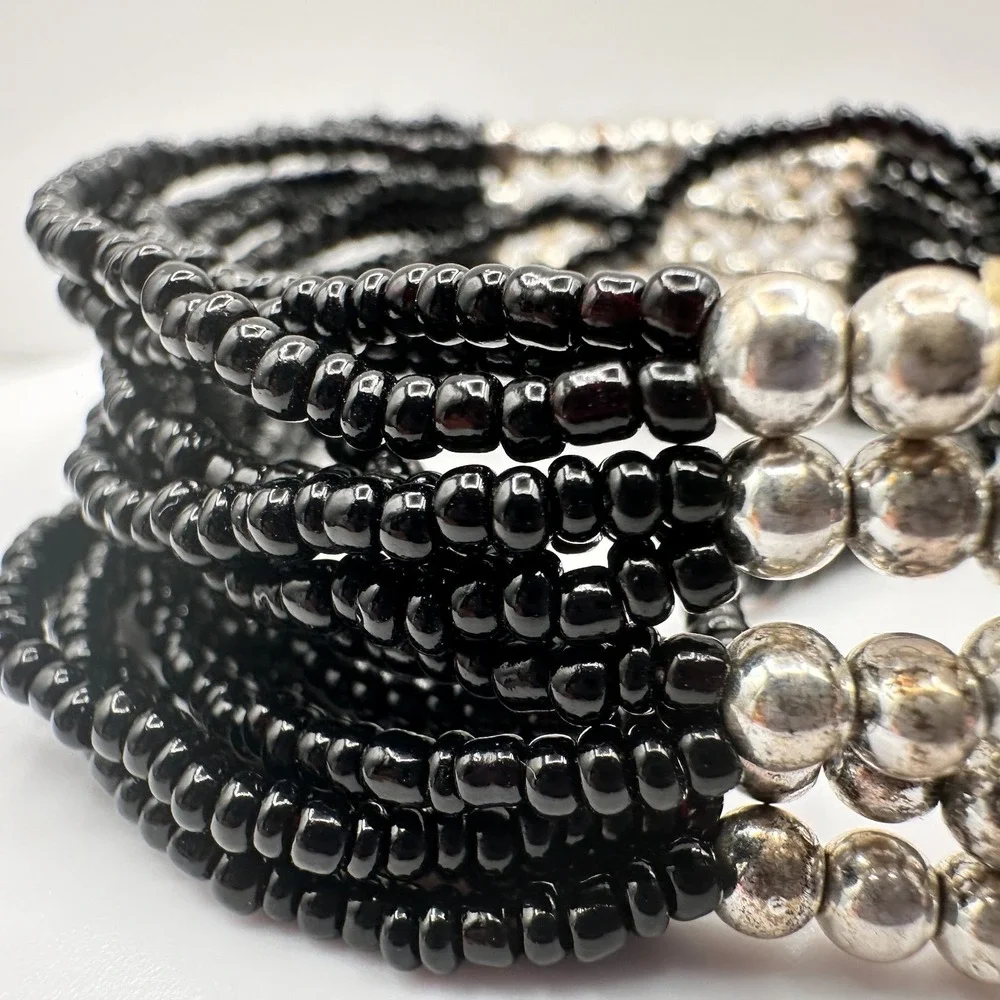 Vintage Y2K Black Beaded Multi-Strand Bracelet Silver‎ Tone Statement Jewelry
